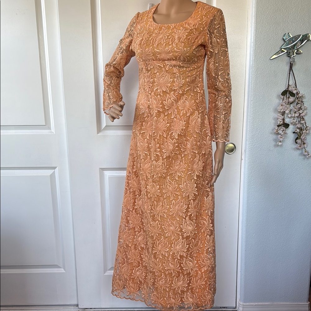 Custom vintage 1960s tangerine peach lace lace overlay dress S XS